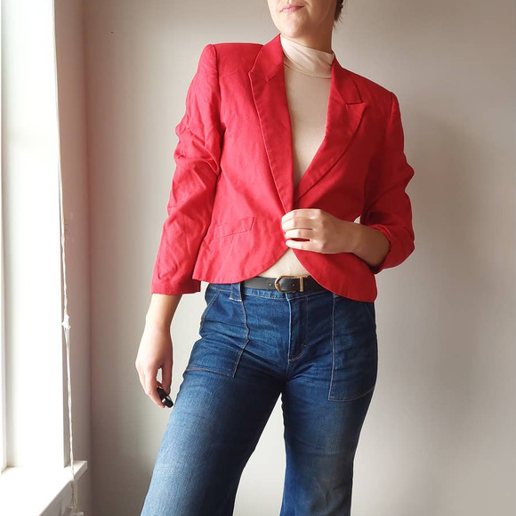 Vintage 80s Red Single Breasted Cropped Blazer, Union Made - Picture 1 of 10